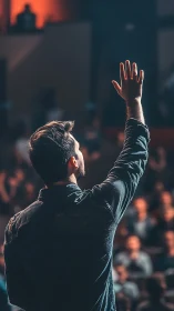 Backlit speaker raises hand before blurred audience crowd.