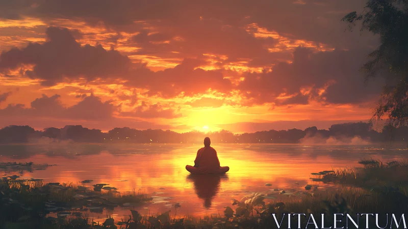 Person meditating by a calm lake at vivid orange sunset.