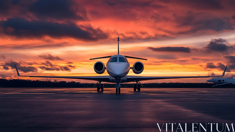 Jet poised for dawn departure beneath wildfire skies.