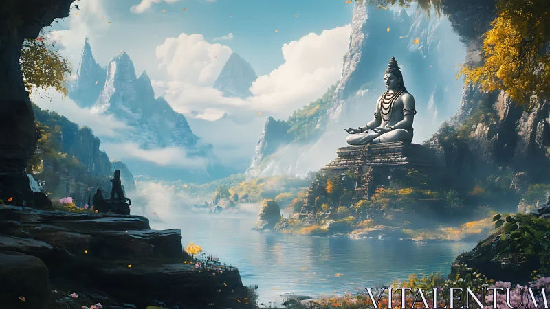 Majestic mountain valley frames monumental meditative deity statue