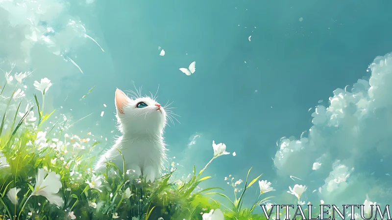 A Curious White Kitten Watches Butterflies Dance Above Flowers
