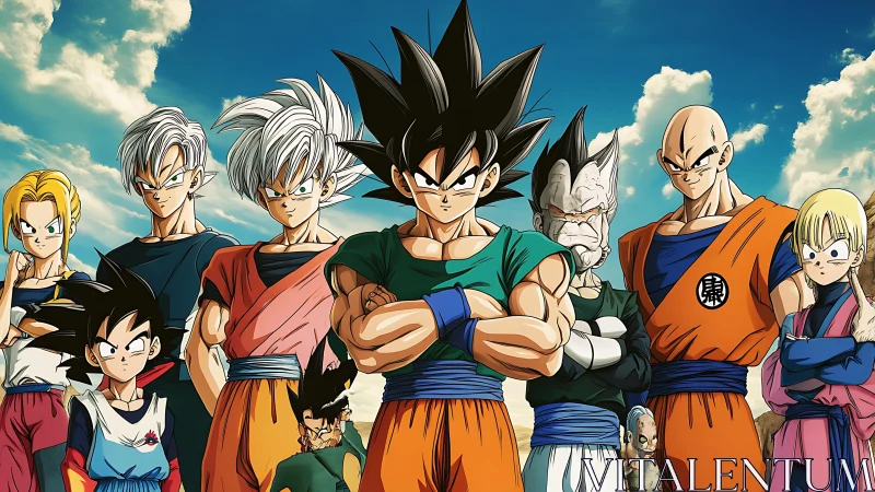 Bold anime heroes stand united beneath a restless sky.