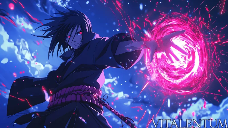 Crimson vortex spell in dynamic night-sky anime battle.