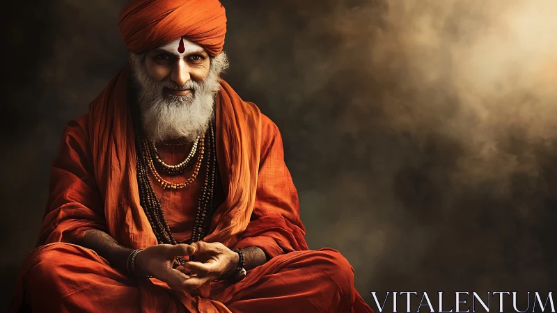 Gentle elder in orange robes glowing with calm presence.