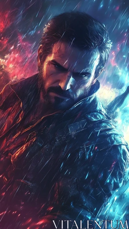 Storm-lit warrior portrait in neon bicolor cinematic rain.