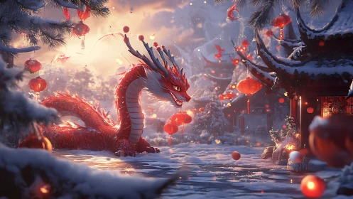 Snowlit lantern dragon coiled in lunar new year twilight.