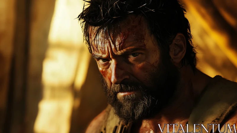 Battle-worn bearded man in harsh golden light portrait.