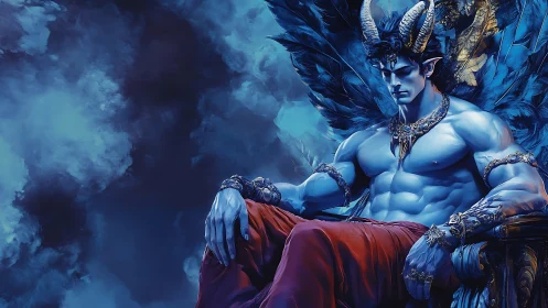 Brooding horned prince resting on a stormy feathered throne.