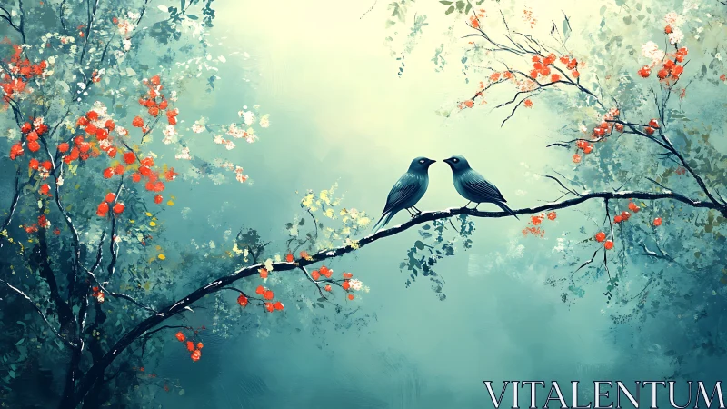 Two Souls Perched: Love Blooms Where Crimson Flowers Dance.