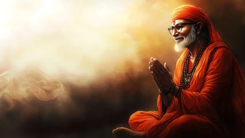 Warm side-lit guru in orange robes rendered with soft volumetric glow