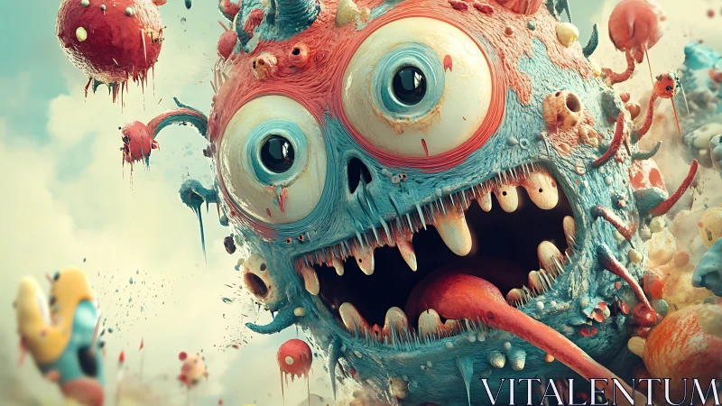 Multicolored one-eyed monster head in floating abstract scene.