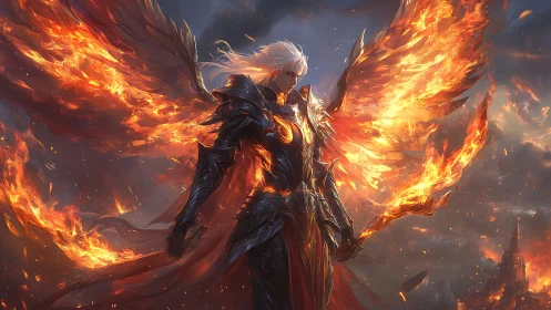 Flame-winged seraph knight ignites a storm-torn battlefield.