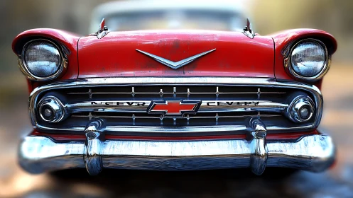 Crimson classic Chevy grille gleams with chrome nostalgia.