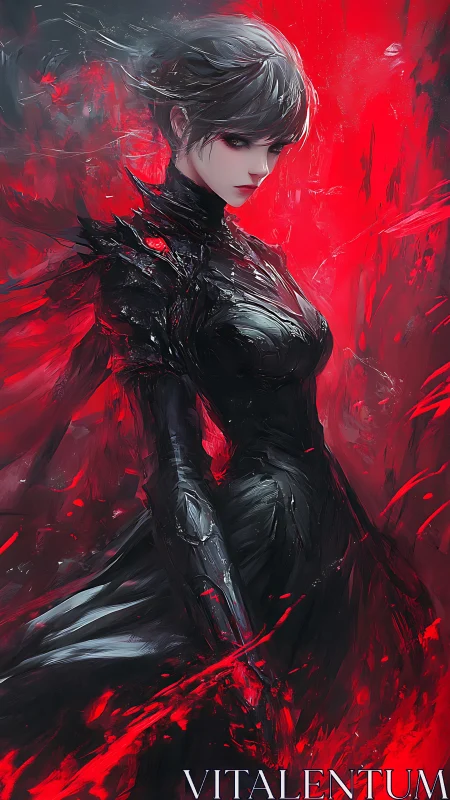 Crimson storm warlord in obsidian armor of living night.