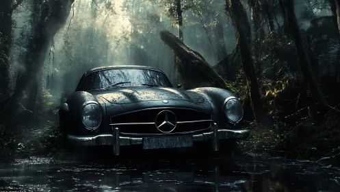 Abandoned classic Mercedes rests in a misty, overgrown forest
