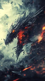 Fragmented obsidian dragon erupting through volcanic storm