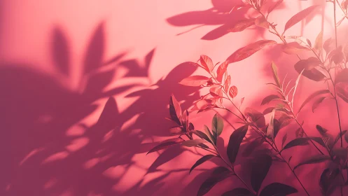 Pink backdrop cradles botanical shadows in warm light.
