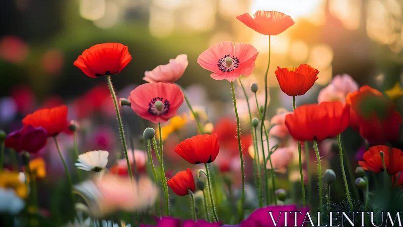 Field of red, pink, and white flowering plants with selective focus.