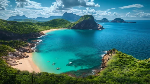 Tropical Coastal Bay Surrounded By Lush Green Mountains