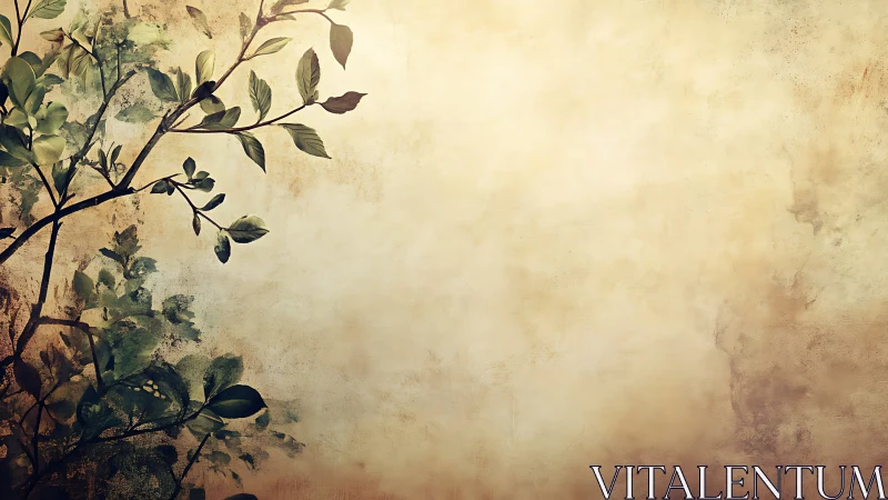 Vintage textured background with leafy branch on left side.