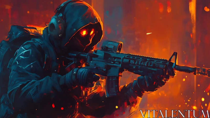 Hooded ember-eyed marksman stalks through molten cityfire