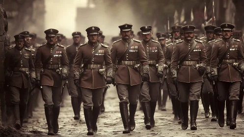 Historic military officers marching in formation on street.