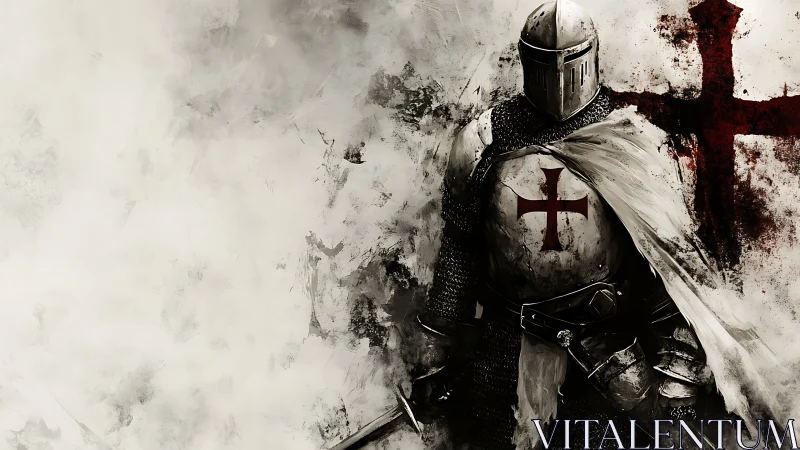Templar knight in plate armor stands before painted cross
