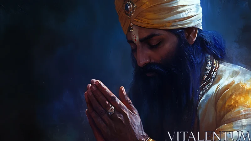 Digital painting of praying turbaned man in dramatic chiaroscuro.