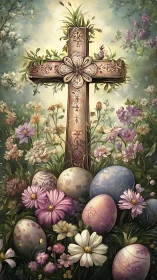 Easter cross with floral carvings amid painted eggs and blooms.