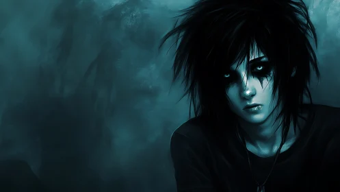 Moody monochrome emo portrait in atmospheric digital painting.