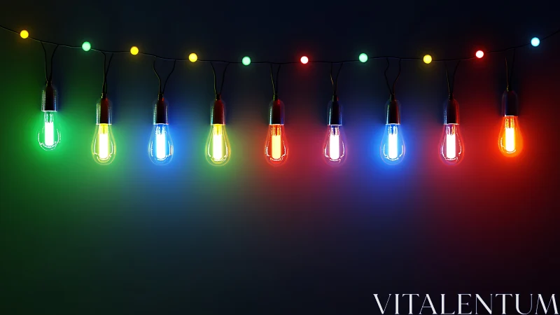 String of glowing multicolor bulbs on deep dark backdrop.