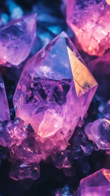 Macro crystal cluster in neon chromatic gradient lighting.