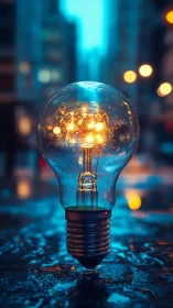 Streetlit raindrops crown a solitary bulb with molten ideas