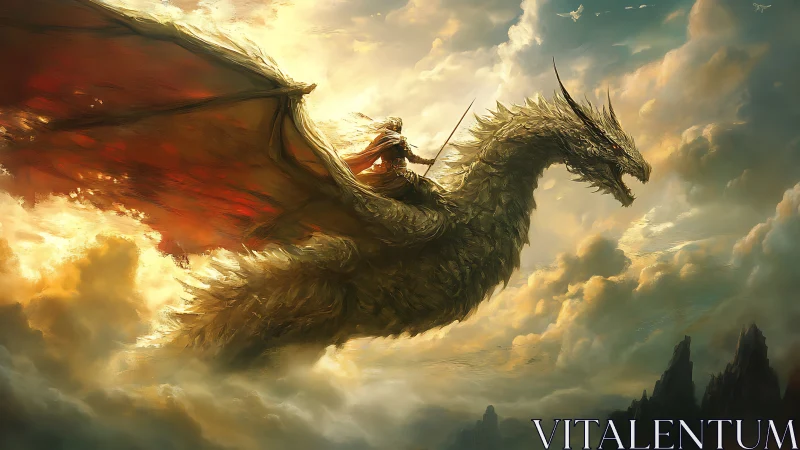 Skyborne dragon rider crossing blazing storm clouds.