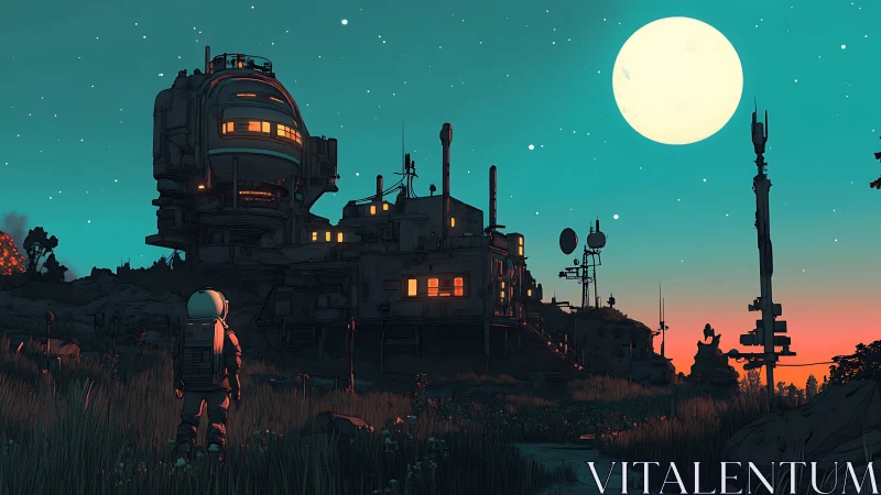 Lunar-lit astronaut observing remote futuristic outpost.