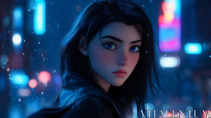 Blue-eyed girl walks through neon city rain at night