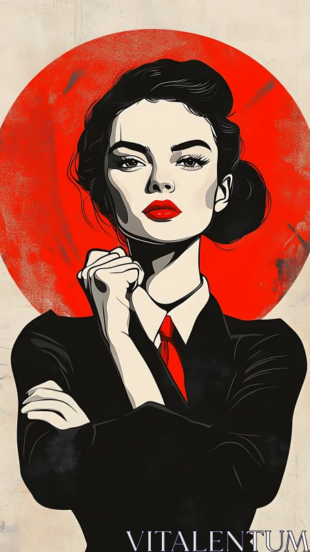 Crimson halo of resolve around a sharply suited heroine.