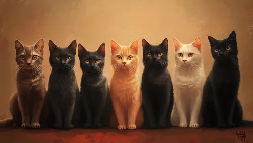 Seven Cats in Aligned Row Against Warm Background