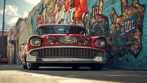 Chrome-nosed lowrider lounges proudly in a graffiti canyon