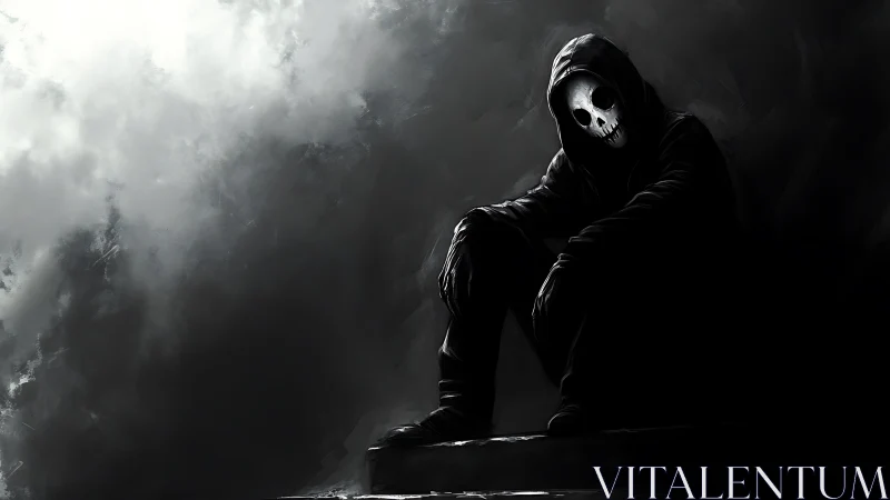 Hooded skull figure broods on steps in stormy shadows.