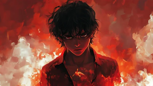 Brooding young man stands amid blazing, painterly flames.