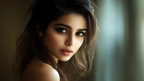 Soft portrait highlights luminous eyes and muted tones.