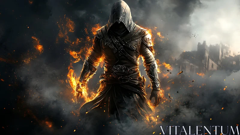 Hooded armored figure walks through dense smoke and fire