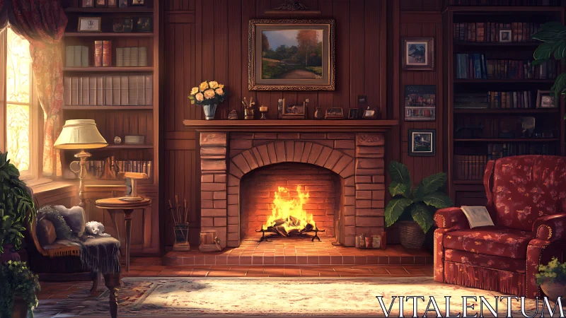 Warm wood‑paneled study with brick fireplace and directional firelight
