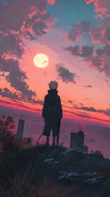 Solitary cloaked observer over neon city at spectral sunset.