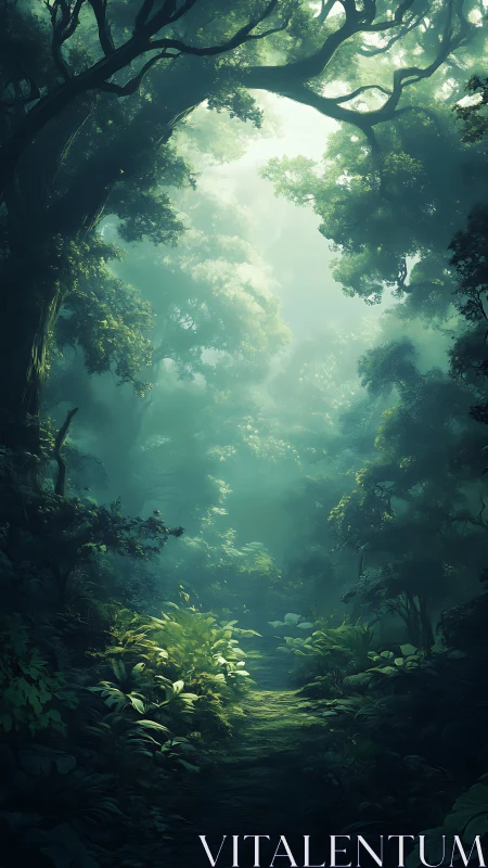 Luminescent Forest Canopy: Atmospheric Woodland Pathway Through Verdant Mist.