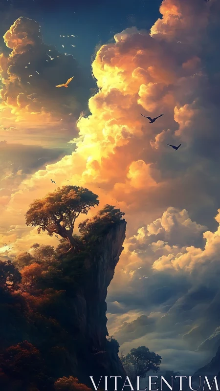 Sunset citadel of trees afloat on a cliff of drifting clouds.