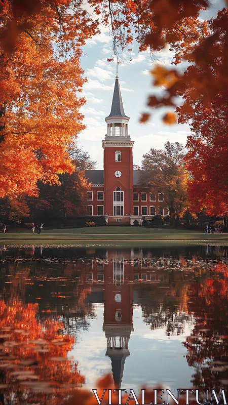 Red brick clock tower stands centered between autumn trees