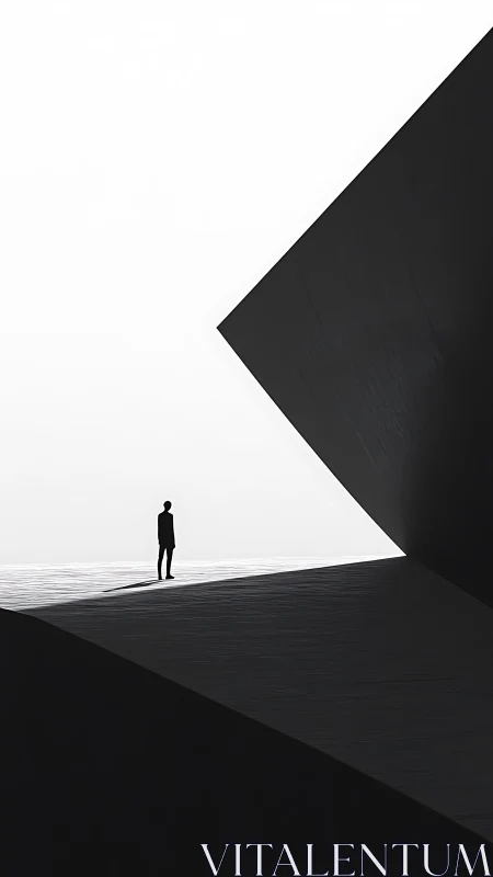 Solitary figure between stark geometric black forms.