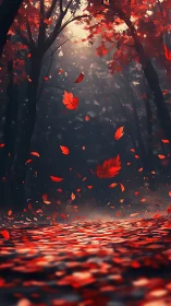 Crimson leaves swirl through misty backlit autumn forest.